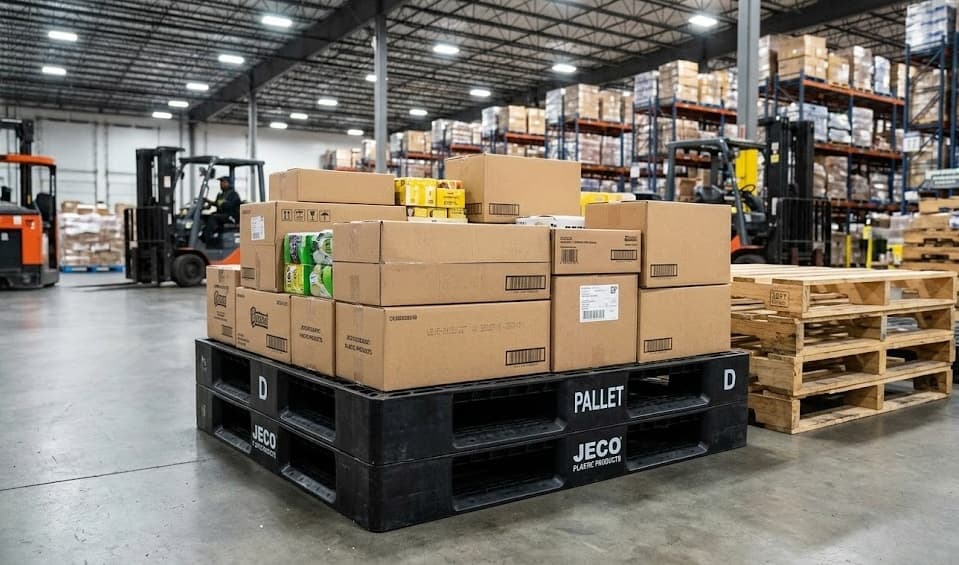 Pallets with boxes organized in our Warren, Michigan warehouse