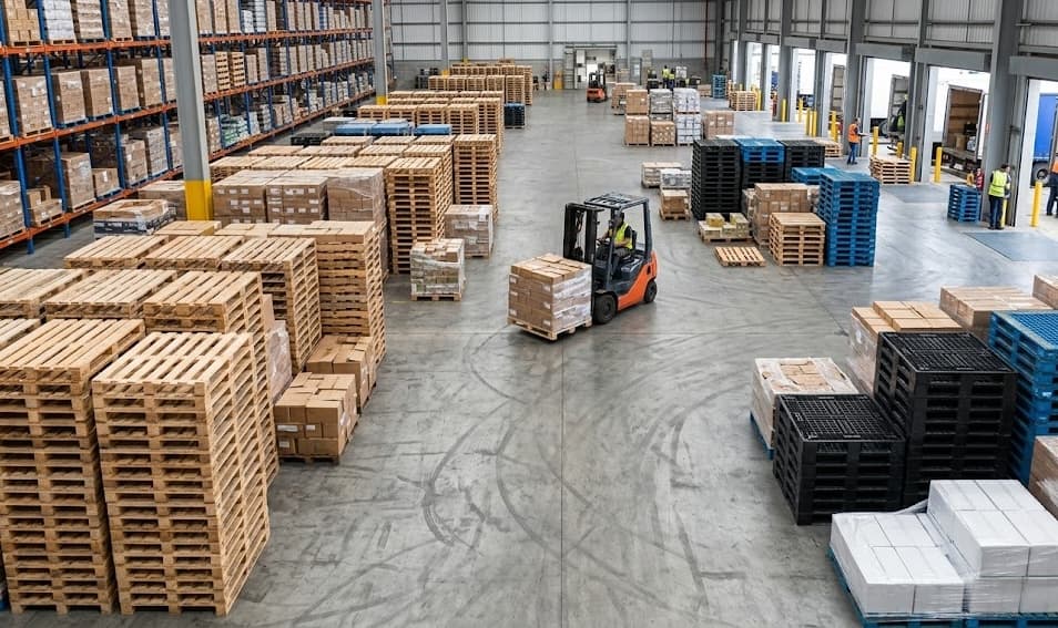 Panoramic view of Ace Pallet Service warehouse with forklift operations
